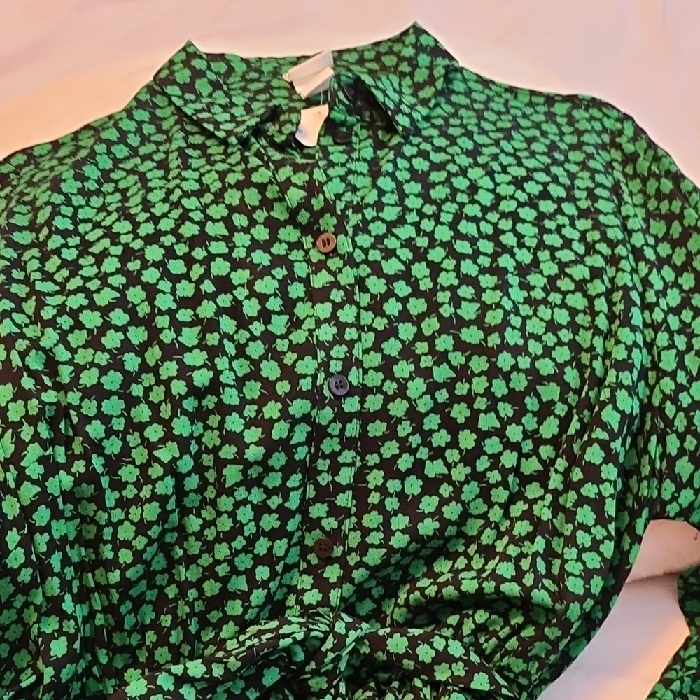 H&M Green Flower Long Sleeves Belted Dress M NEW